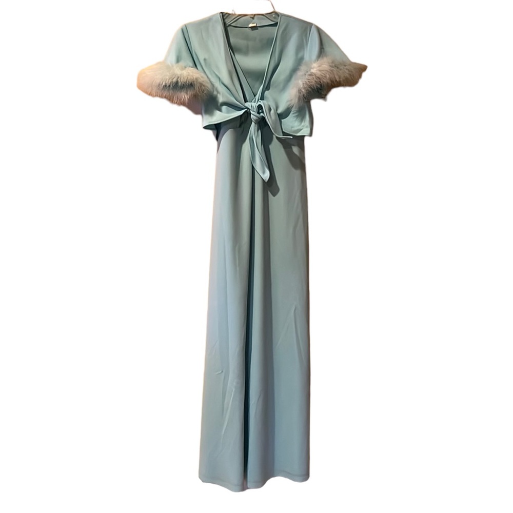 Vintage Mint Green Prom Dress with Feather Trim